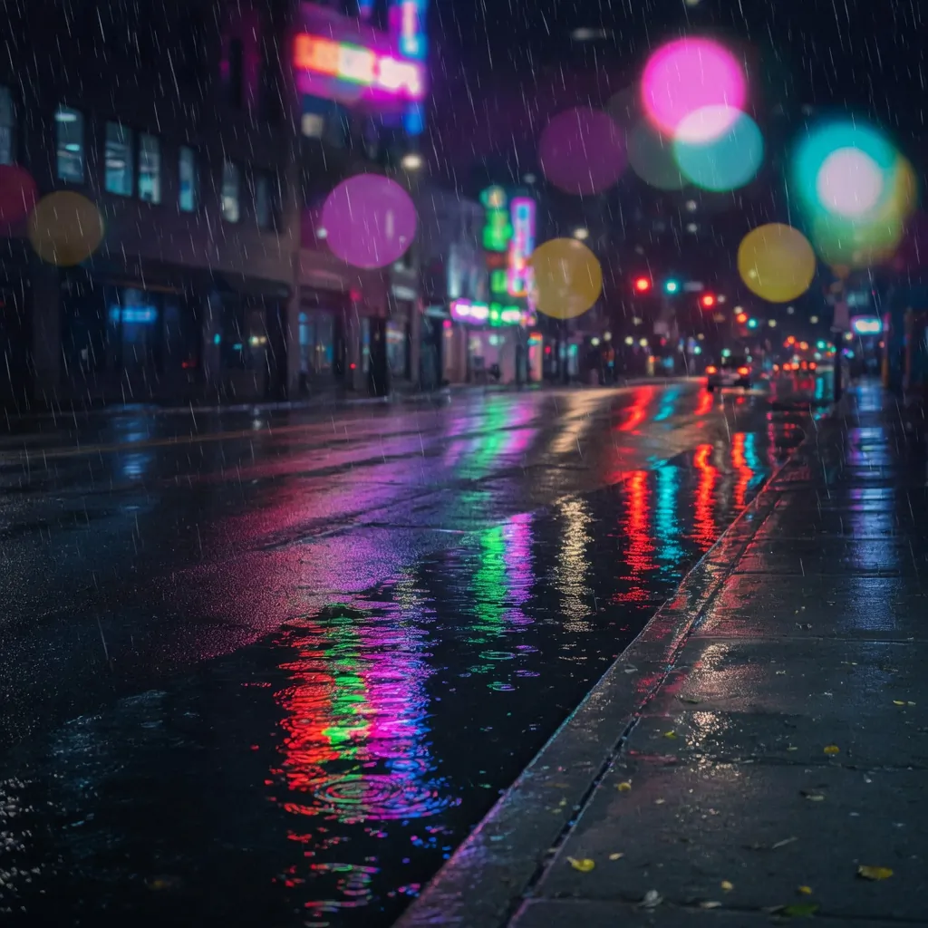 Photoreal rainy night city street with neon reflections